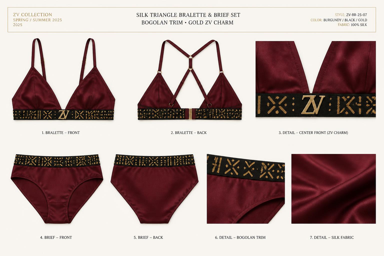 Rubis Mudcloth Triangle Intimate Set — Women — House · Intime Héritage seven-view specification plate; showing 01 Front, 02 Left, 03 Right, 04 Back, 05 Interior, 06 Inner tags, 07 Fabric detail. — 01 Front, Rubis Or