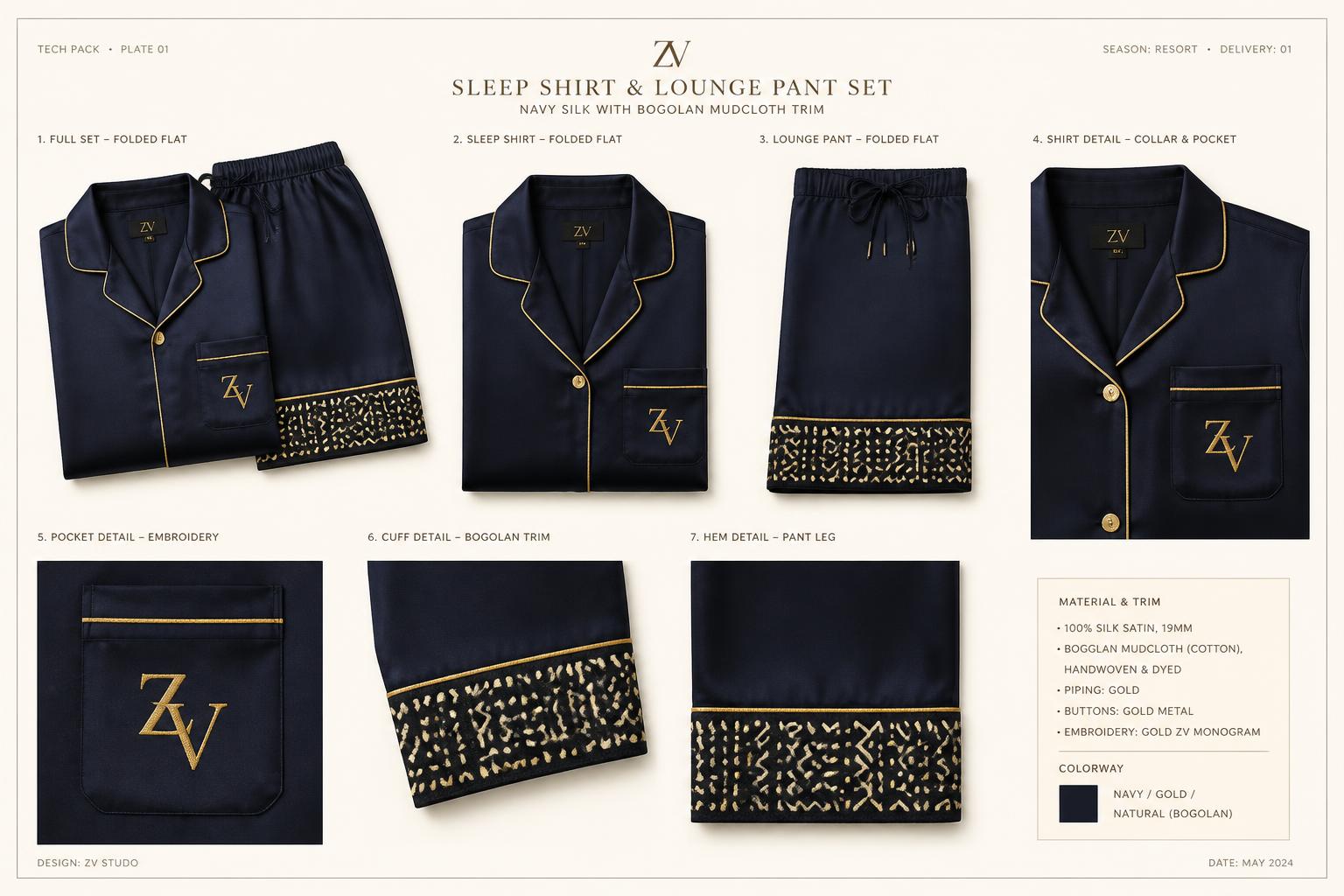 Saphir Nuit Pyjama Set — Women — House · Intime Héritage seven-view specification plate; showing 01 Front, 02 Left, 03 Right, 04 Back, 05 Interior, 06 Inner tags, 07 Fabric detail. — 01 Front, Saphir Or