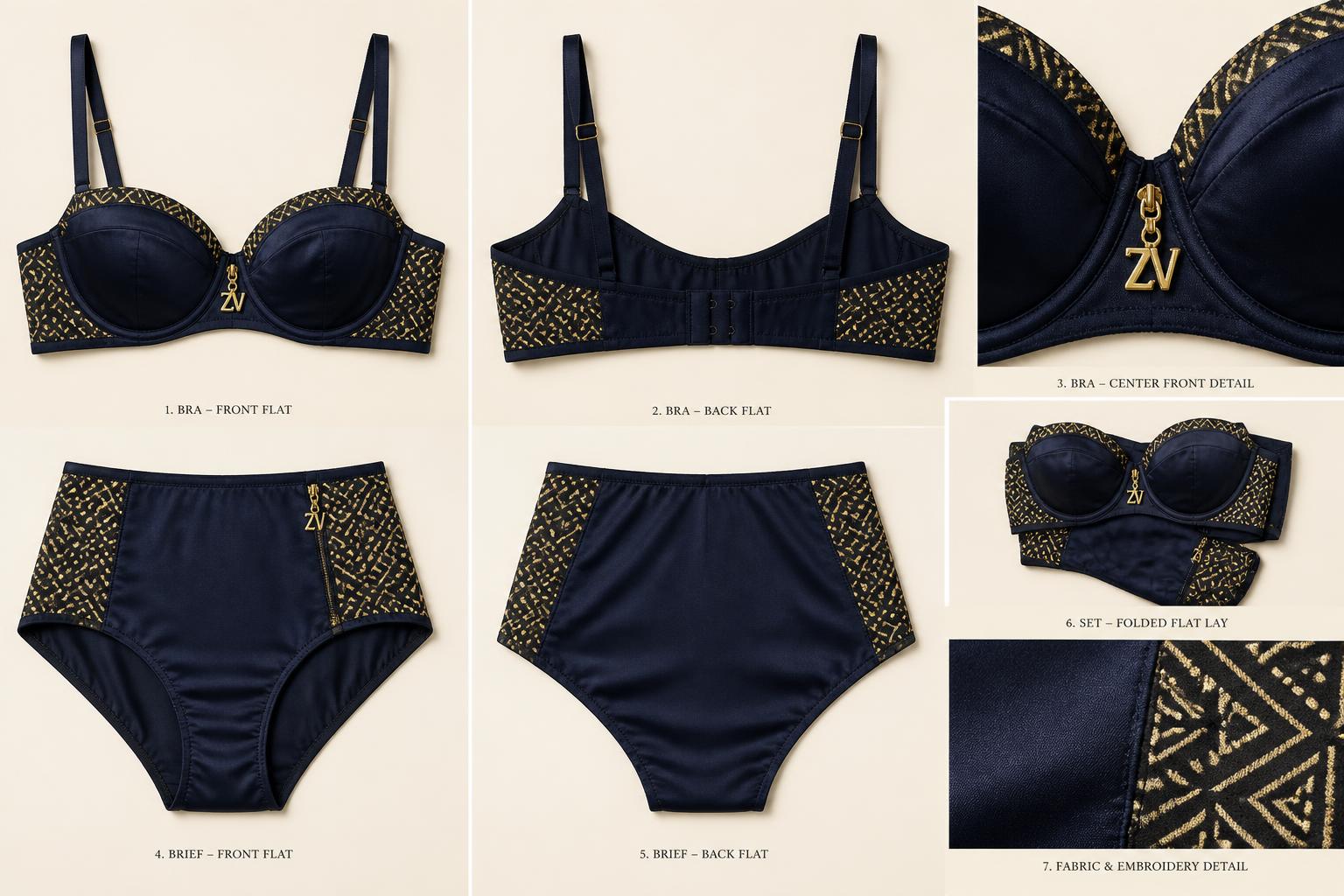 Saphir Bogolan Balconette Intimate Set — Women — House · Intime Héritage seven-view specification plate; showing 01 Front, 02 Left, 03 Right, 04 Back, 05 Interior, 06 Inner tags, 07 Fabric detail. — 01 Front, Saphir Noir