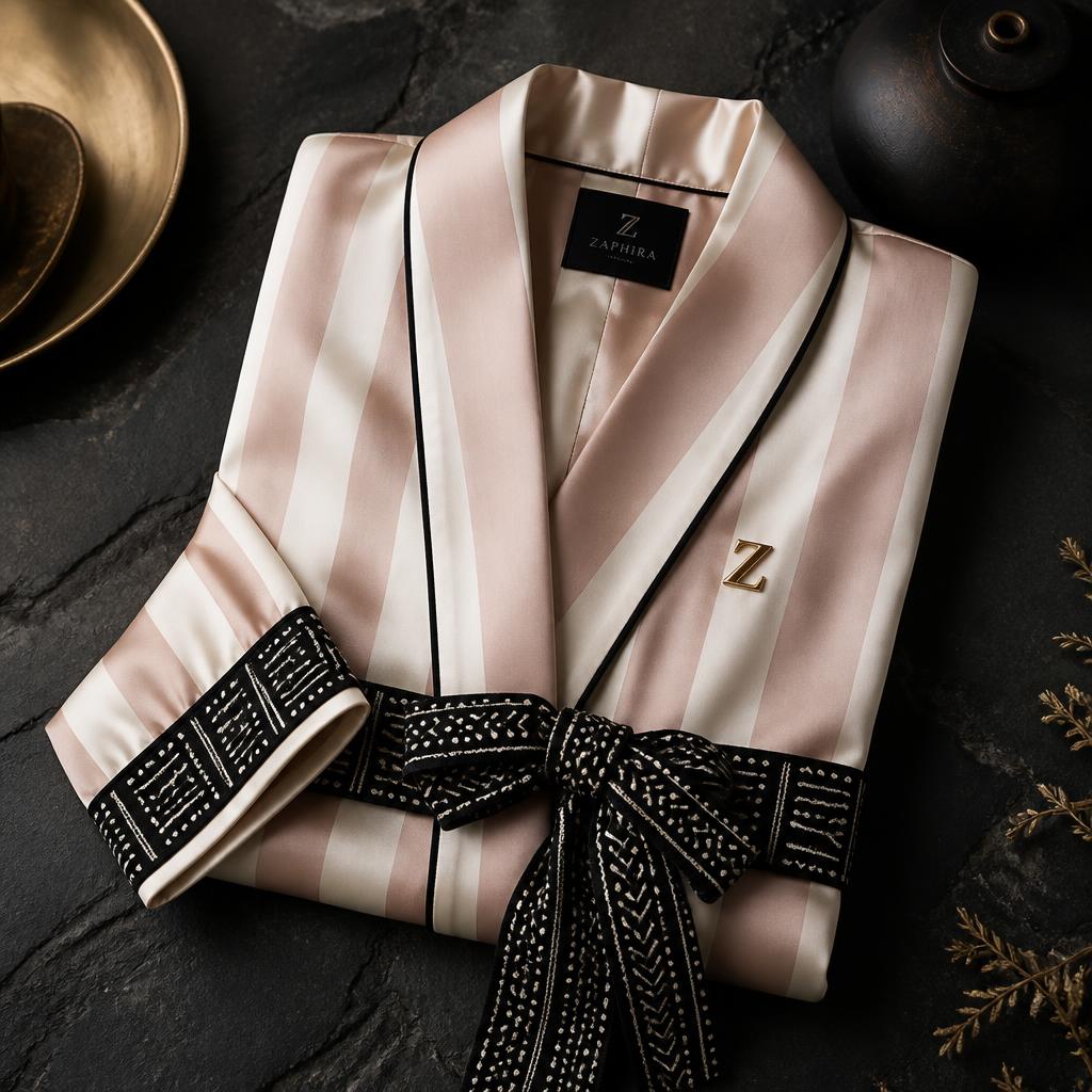 Rayure Poudre Bogolan Short Robe — Women — House · Intime Héritage seven-view specification plate; showing 01 Front, 02 Left, 03 Right, 04 Back, 05 Interior, 06 Inner tags, 07 Fabric detail. — 01 Front, Rayure Poudre