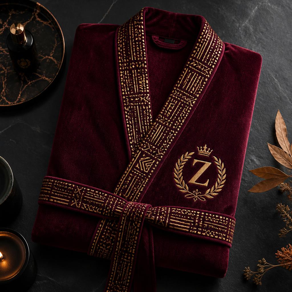 Bordeaux Velours Bogolan Bathrobe — Women — House · Intime Héritage seven-view specification plate; showing 01 Front, 02 Left, 03 Right, 04 Back, 05 Interior, 06 Inner tags, 07 Fabric detail. — 01 Front, Bordeaux Or
