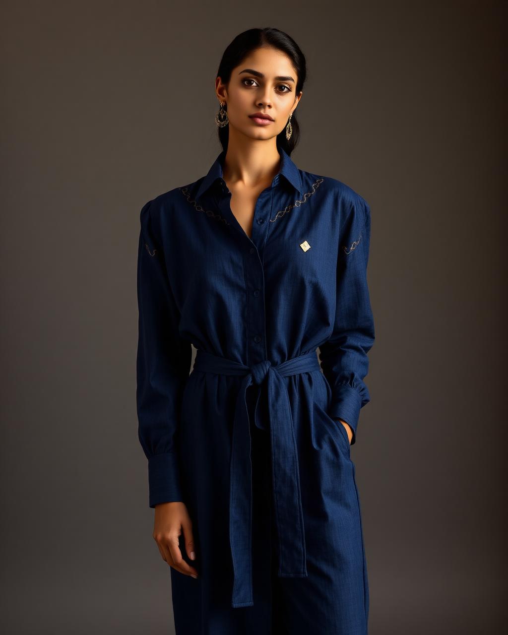 Indigo Column Shirt Dress — Deep Indigo × Soft Gold, worn by Nisha — Mumbai