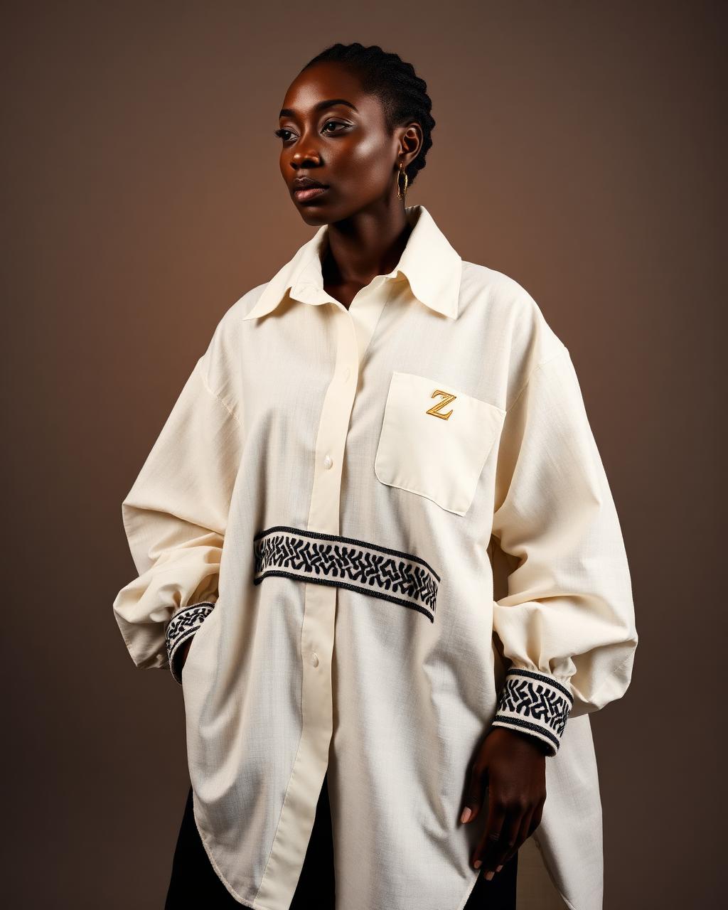 Atelier Oversized Shirt — Ivory × Black Bogolan mudcloth, worn by Amara — Accra