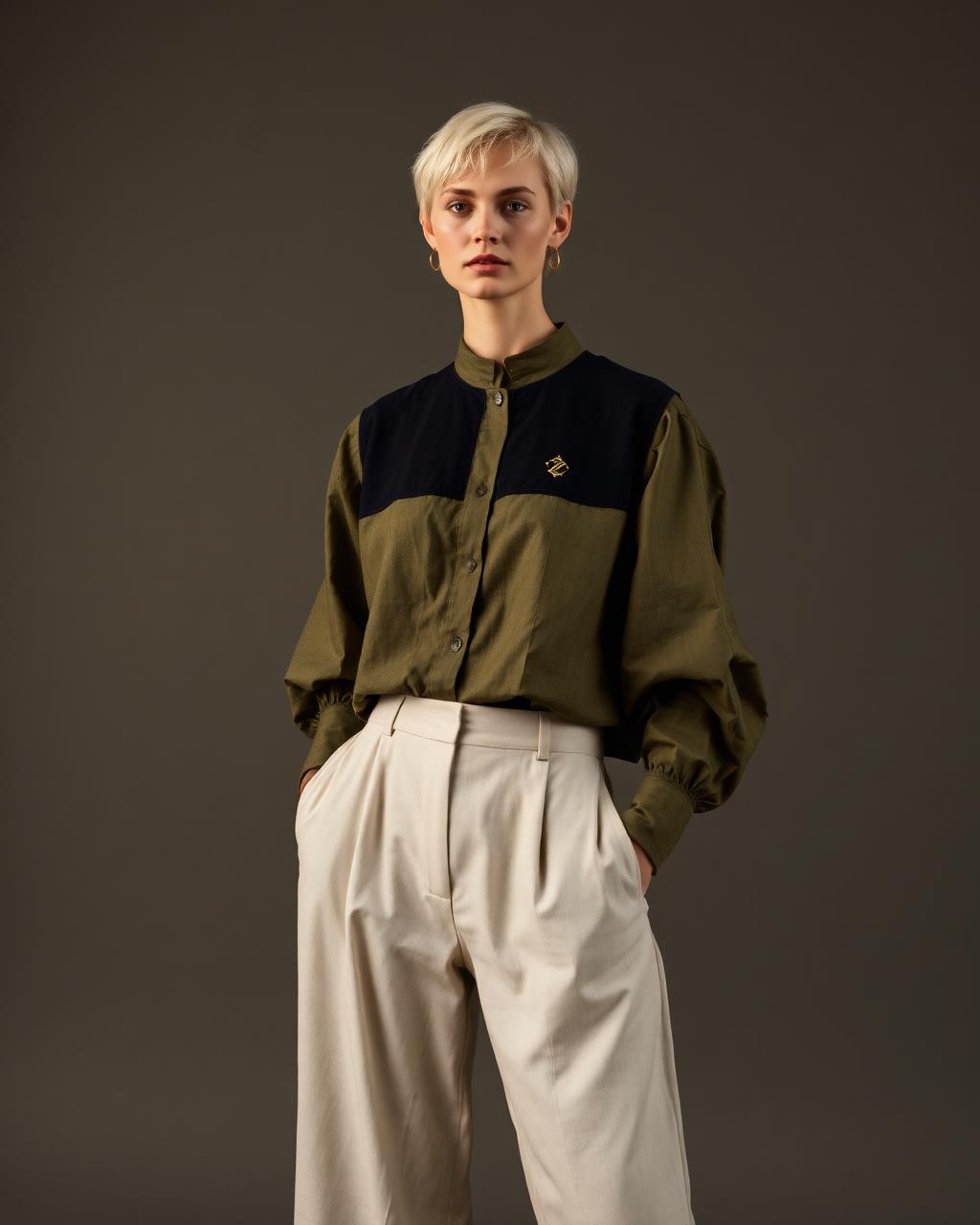 Olive Balloon-Sleeve Shirt — Olive × Obsidian, worn by Elke — Antwerp