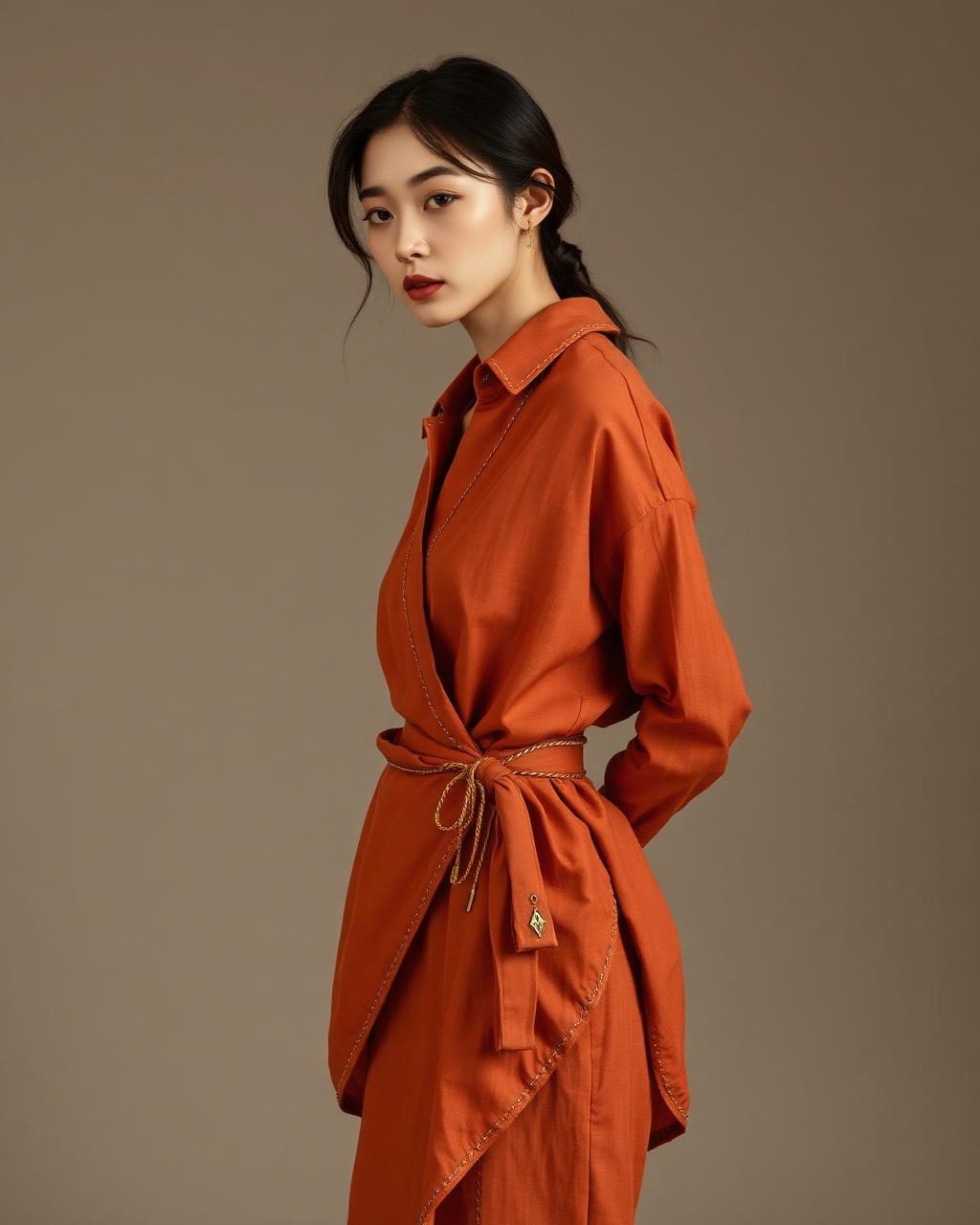 Terracotta Wrap Shirt — Terracotta × Soft Gold, worn by Mei — Seoul