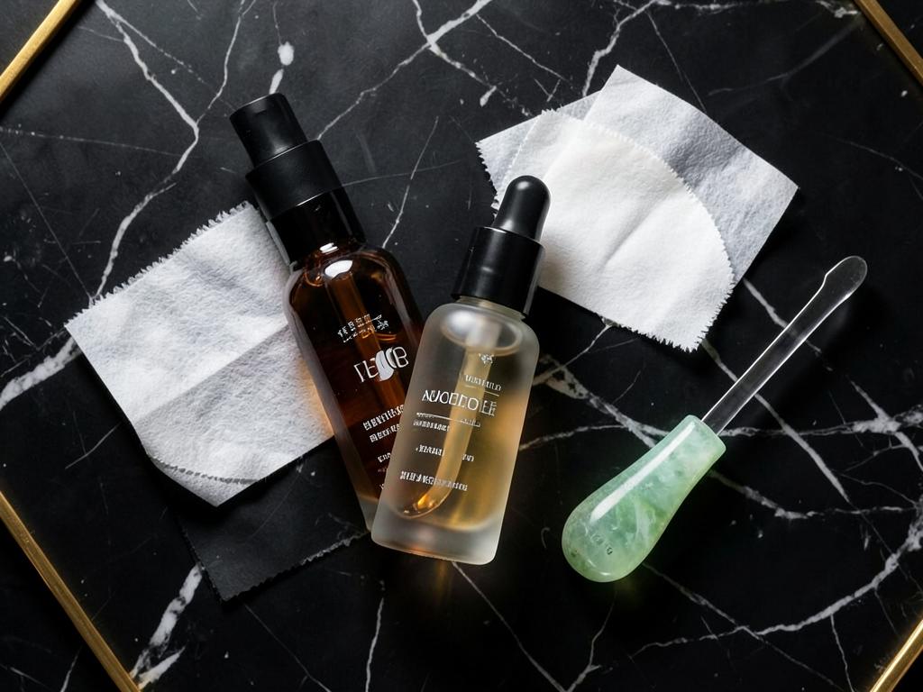 Unbranded serum bottles, cotton pads and a jade tool on dark marble