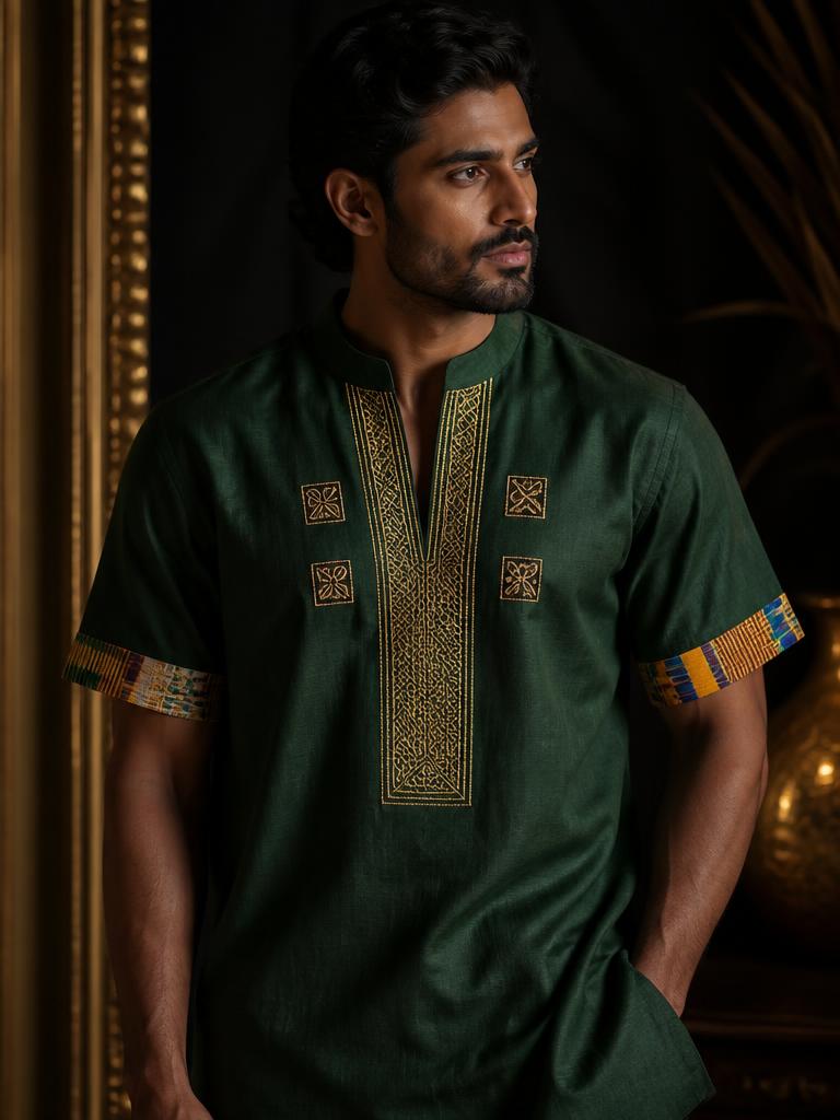 Model in a deep emerald linen shirt with gold safi placket embroidery, adinkra chest squares and kente cuff trim