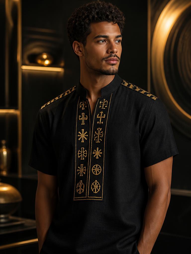 Model in a black linen shirt with twin gold adinkra embroidered columns and kente shoulder bands