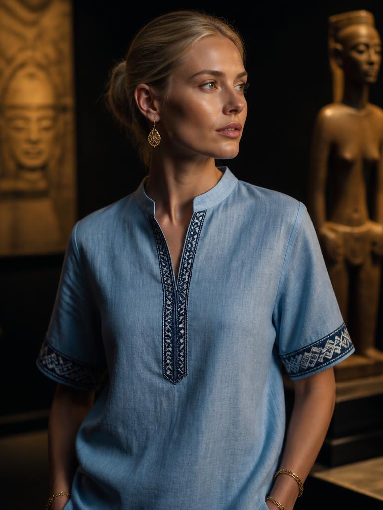 Model in a sky blue linen shirt with indigo safi placket embroidery and woven indigo heritage cuff bands