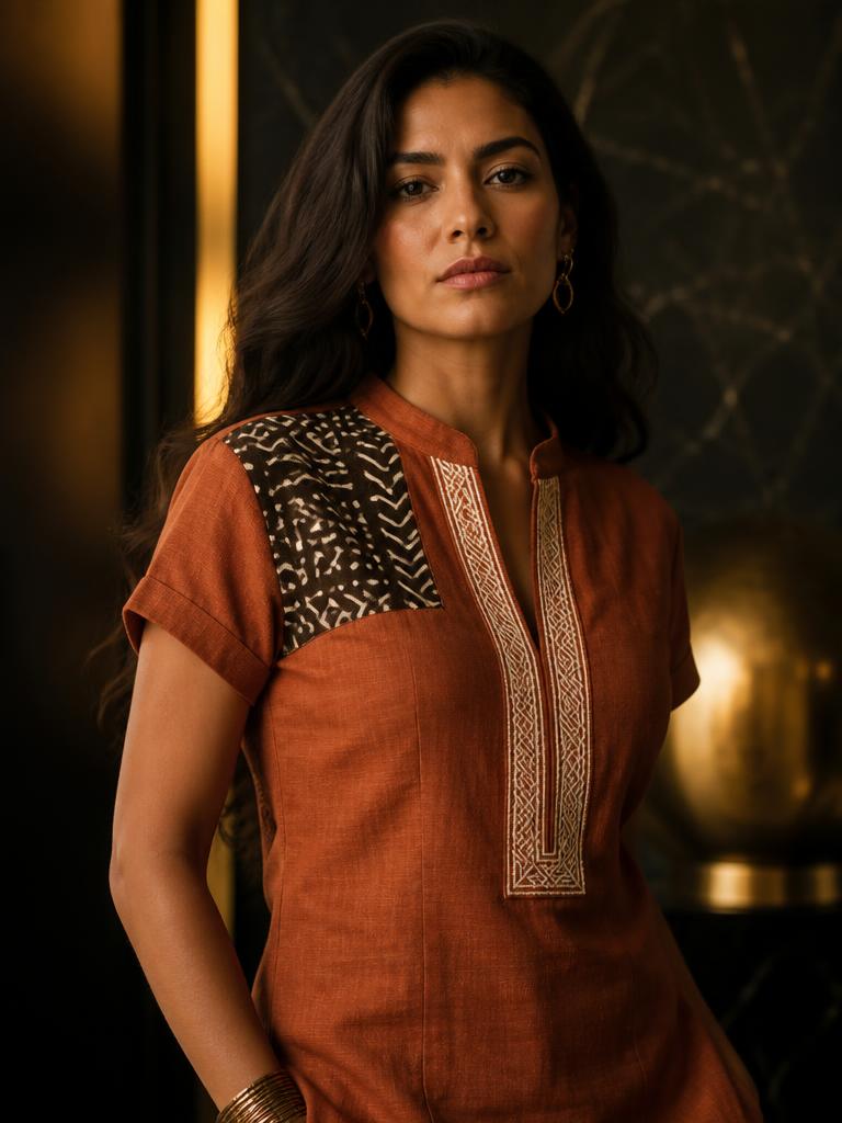 Model in a terracotta linen shirt with cream safi placket embroidery and a Bogolan mudcloth shoulder yoke