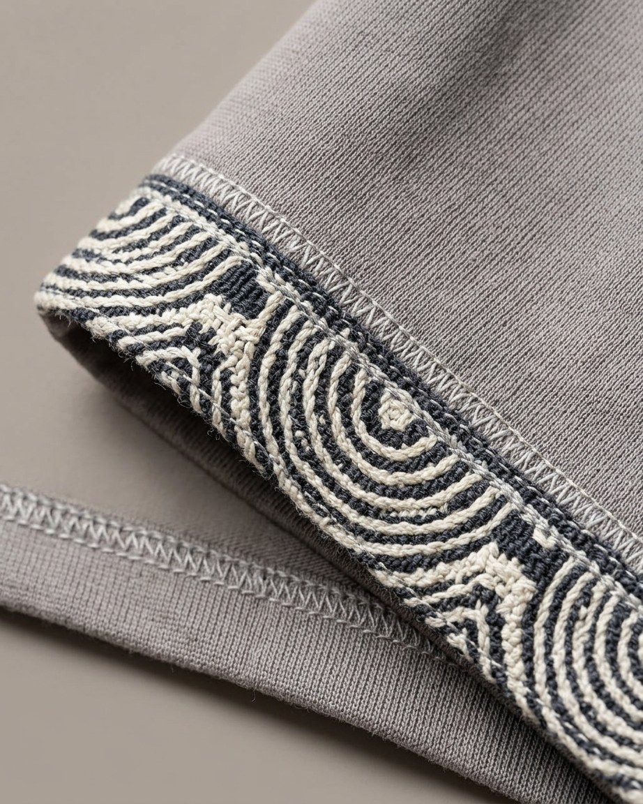 Stone Grey Tee — Men, 07 Fabric detail (view 7 of 7). Fabric detail: close study of the cloth, hand-printed mudcloth motif and stitching.