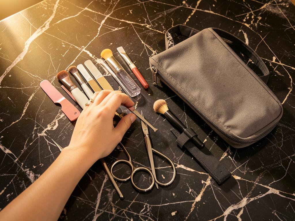 Beauty student training kit — files, brushes, tweezers and a zipped case