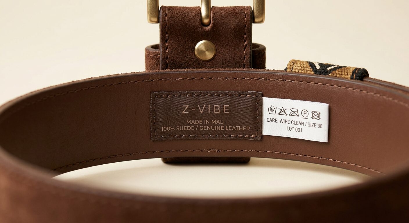 Suede Heritage Strap Belt — Men, 06 Inner tags (view 6 of 7). Hardware and label: closure mechanism, atelier reference and care instructions.