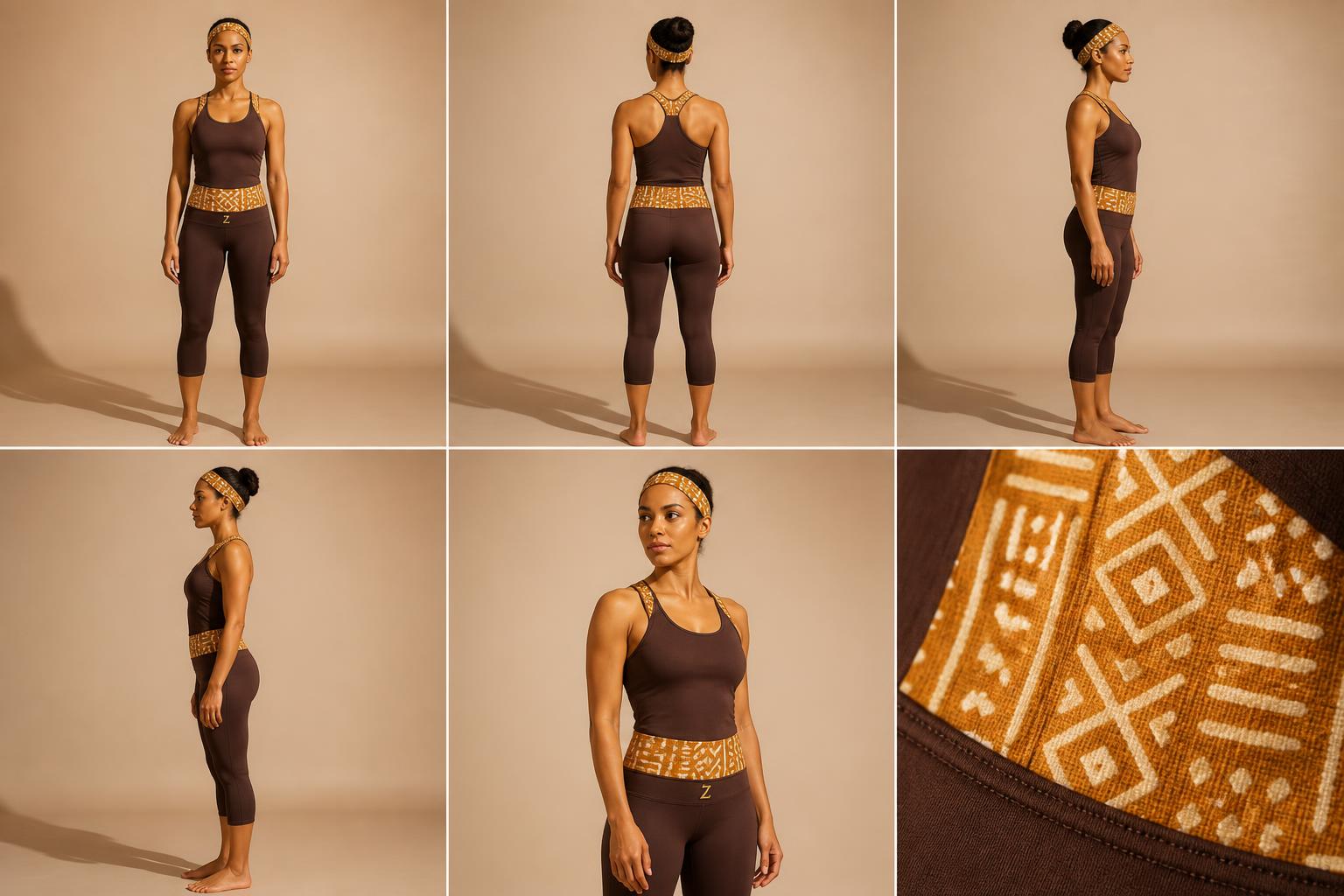 Sunlit Courage Active Set — Women — House · Global Heritage Fusion seven-view specification plate; showing 01 Front, 02 Left, 03 Right, 04 Back, 05 Interior, 06 Inner tags, 07 Fabric detail. — 01 Front, Chocolate / Ochre