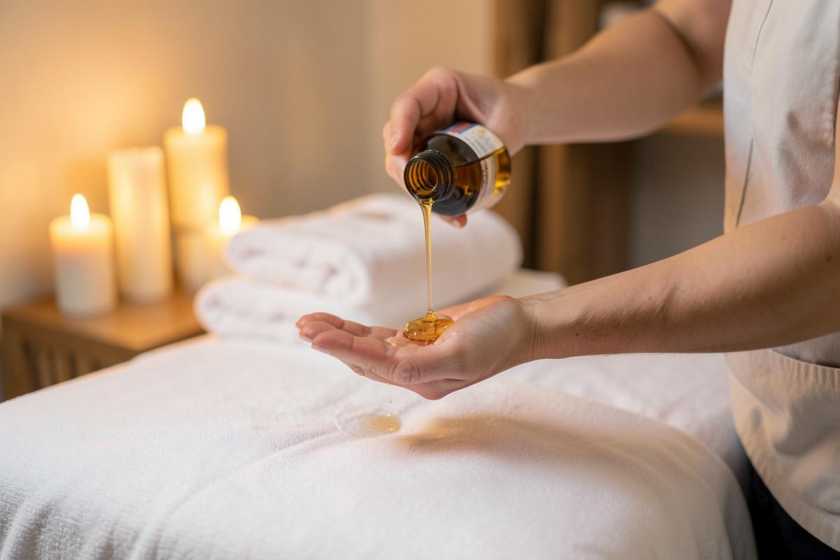 Therapist pouring warm massage oil beside a draped massage table