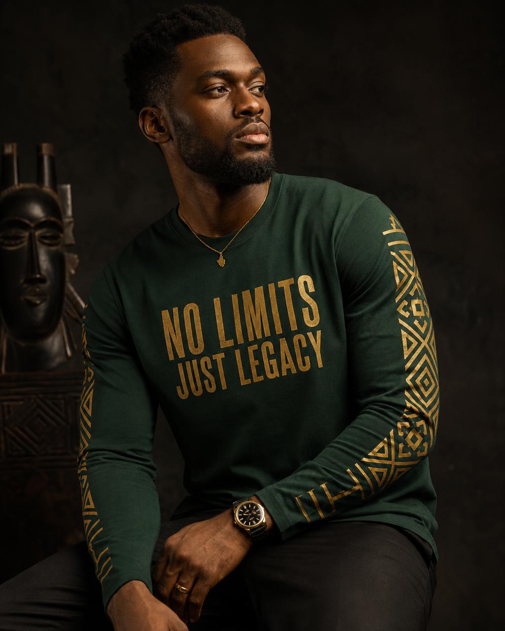 Model wearing the forest-green long-sleeve No Limits Just Legacy tee with Djoula geometric sleeves