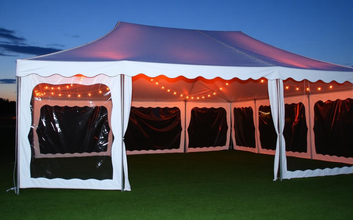White event tent with clear sidewalls and string lighting at dusk