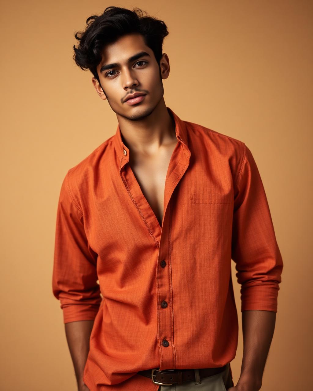 Terracotta Split Neck Shirt — Men — House · Z-VIBE LINEN HERITAGE SHIRTS™ seven-view specification plate; showing 01 Front, 02 Left, 03 Right, 04 Back, 05 Interior, 06 Inner tags, 07 Fabric detail. — 01 Front, Terracotta