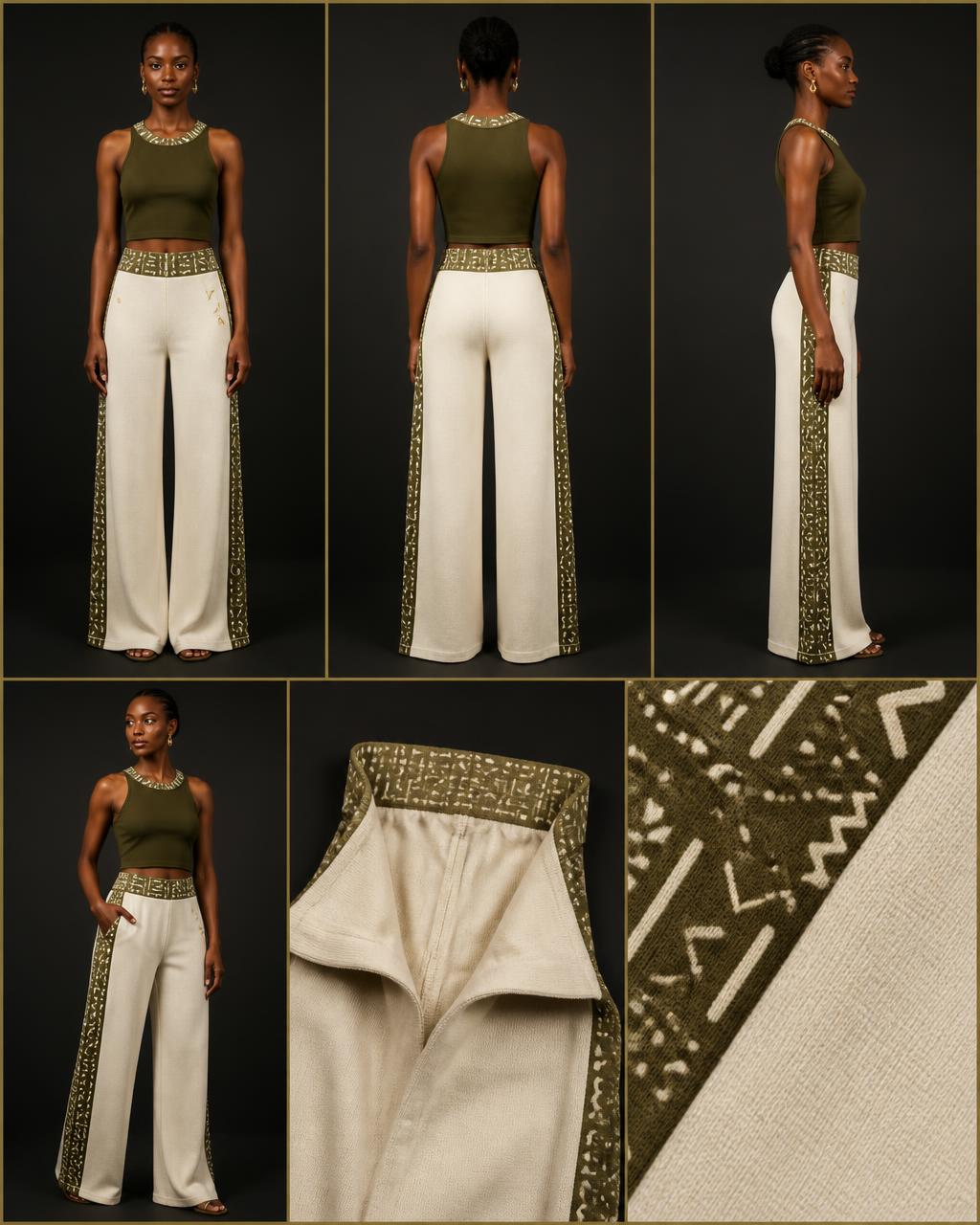 Thrive Balance Set — Women — House · Global Heritage Fusion seven-view specification plate; showing 01 Front, 02 Left, 03 Right, 04 Back, 05 Interior, 06 Inner tags, 07 Fabric detail. — 01 Front, Olive / Cream