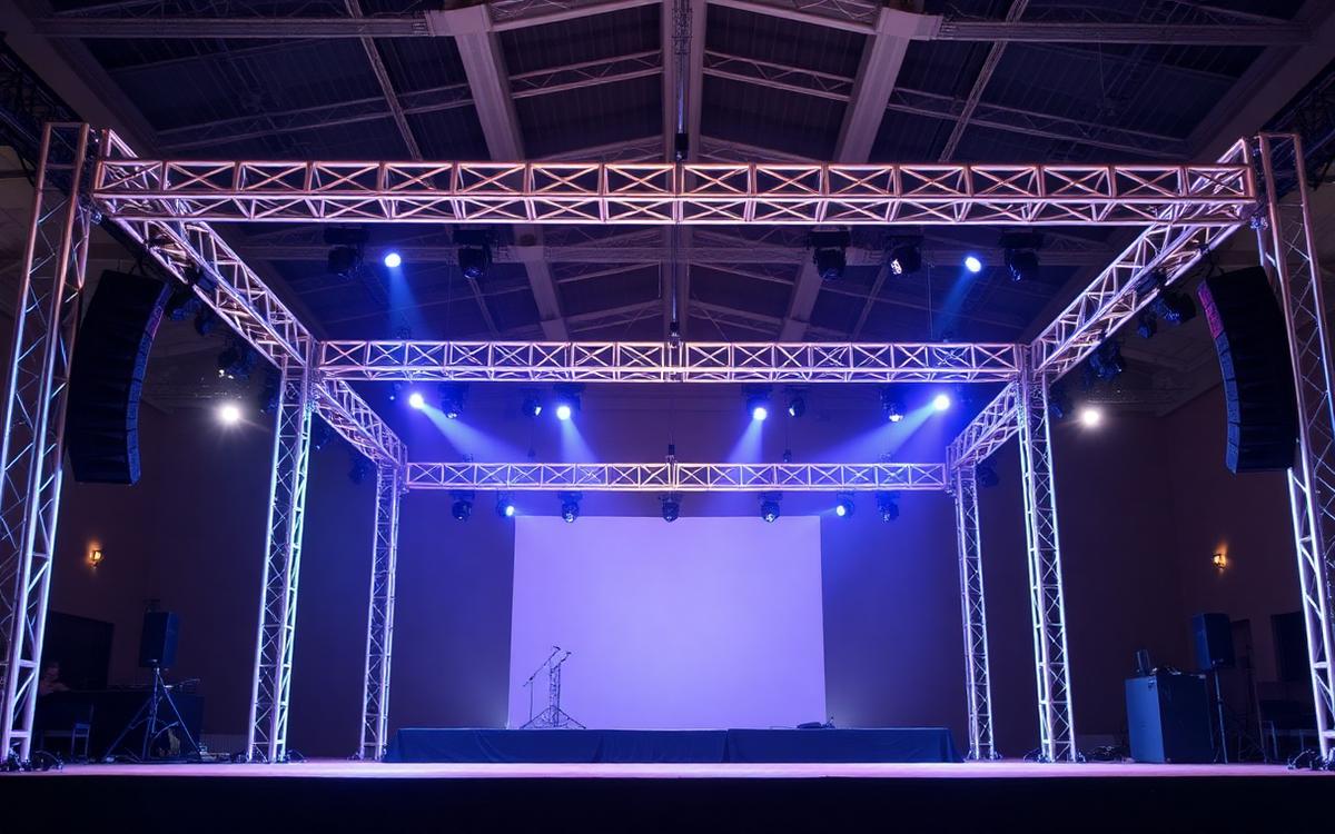 Aluminium box truss goalpost stage structure with rigged lighting