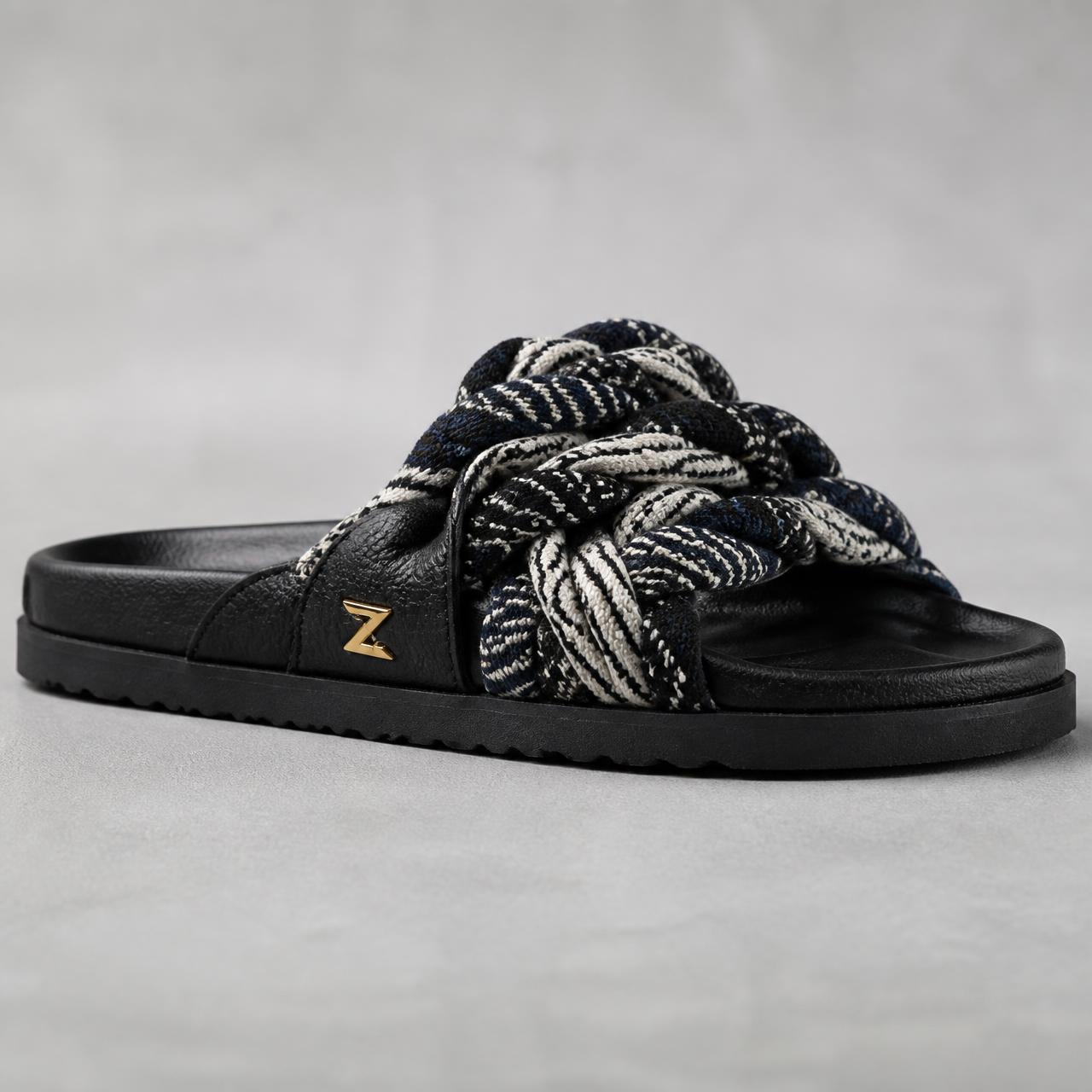Ascend Bogolan Cord Slide — Unisex — House · Z-Vibe Luxury Slippers™ seven-view specification plate; showing 01 Front, 02 Left, 03 Right, 04 Back, 05 Interior, 06 Inner tags, 07 Fabric detail. — 01 Front, Indigo / Ivory Cord