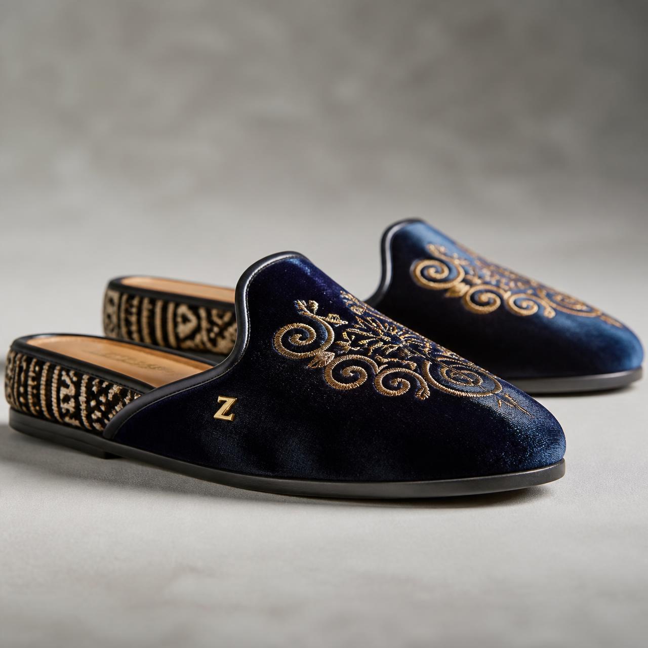 Rise Embroidered Velvet Mule — Unisex — House · Z-Vibe Luxury Slippers™ seven-view specification plate; showing 01 Front, 02 Left, 03 Right, 04 Back, 05 Interior, 06 Inner tags, 07 Fabric detail. — 01 Front, Indigo / Gold Thread