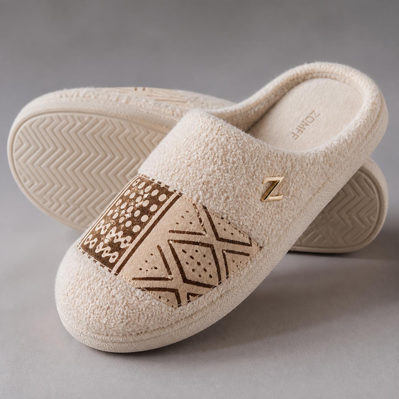 Unity Plush House Slipper — Unisex — House · Z-Vibe Luxury Slippers™ seven-view specification plate; showing 01 Front, 02 Left, 03 Right, 04 Back, 05 Interior, 06 Inner tags, 07 Fabric detail. — 01 Front, Ivory / Brown Bogolan