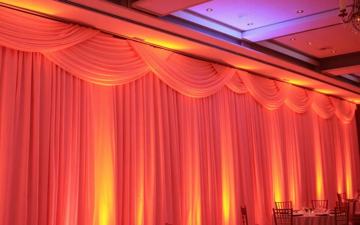 Amber uplighting washing a draped ballroom wall