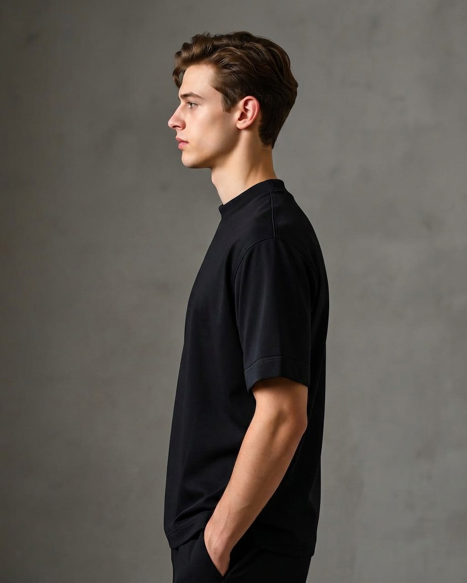 Urban Minimal Tee — Men, 02 Left (view 2 of 7). Left profile: shoulder line, sleeve fall and the outer seam trim.