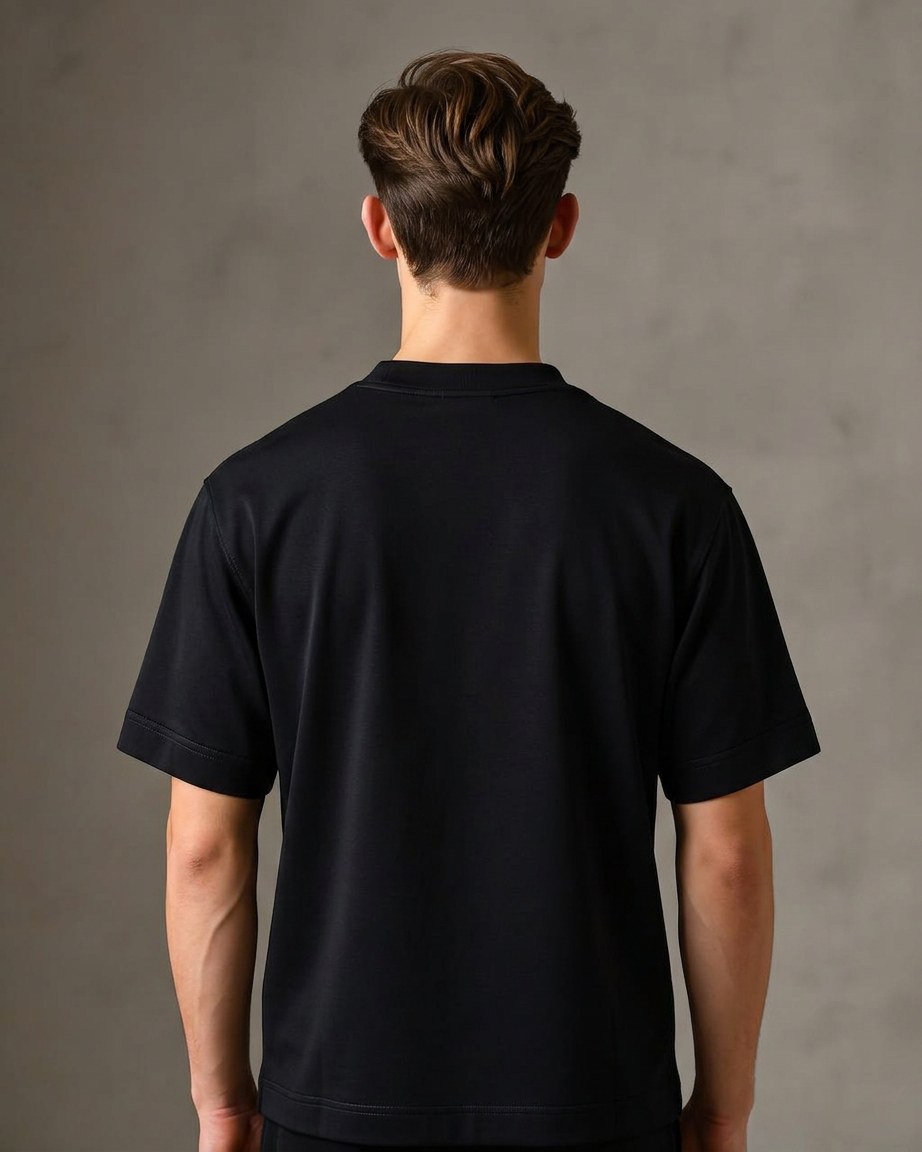 Urban Minimal Tee — Men, 04 Back (view 4 of 7). Back view: yoke, centre seam and the hem finish.