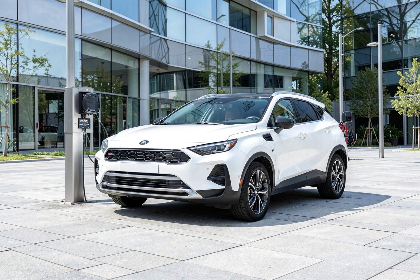White Volt Row Flux electric crossover plugged into a public charging post