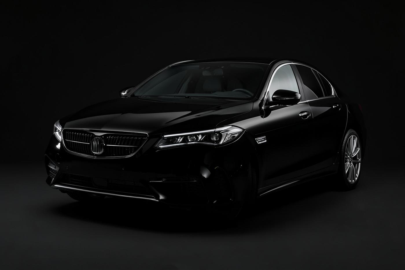 Black Aurum Lumen GT electric sedan on a dark studio backdrop