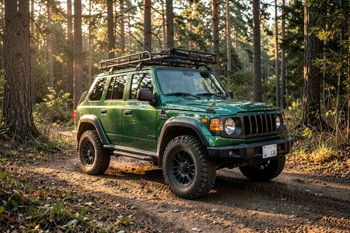 Forest green Heritage Summit overland SUV with a roof rack on a forest trail