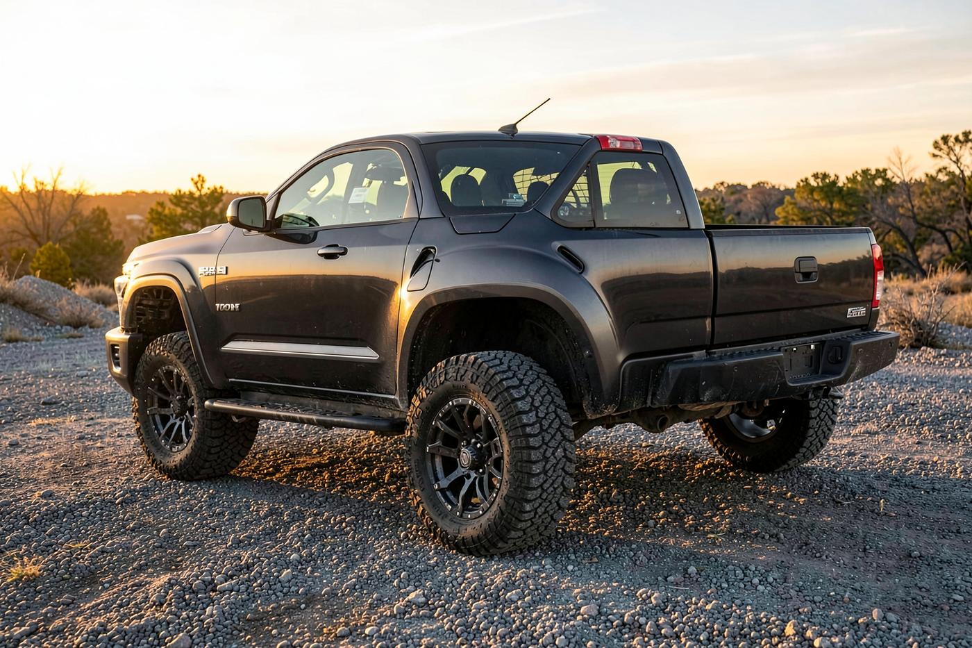 Charcoal Heritage Boulder pickup with off-road tyres on gravel at golden hour