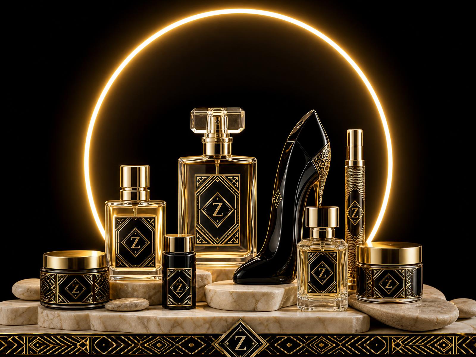 Vibe Solar bottles and jars arranged on a marble stone pedestal under a gold ring light