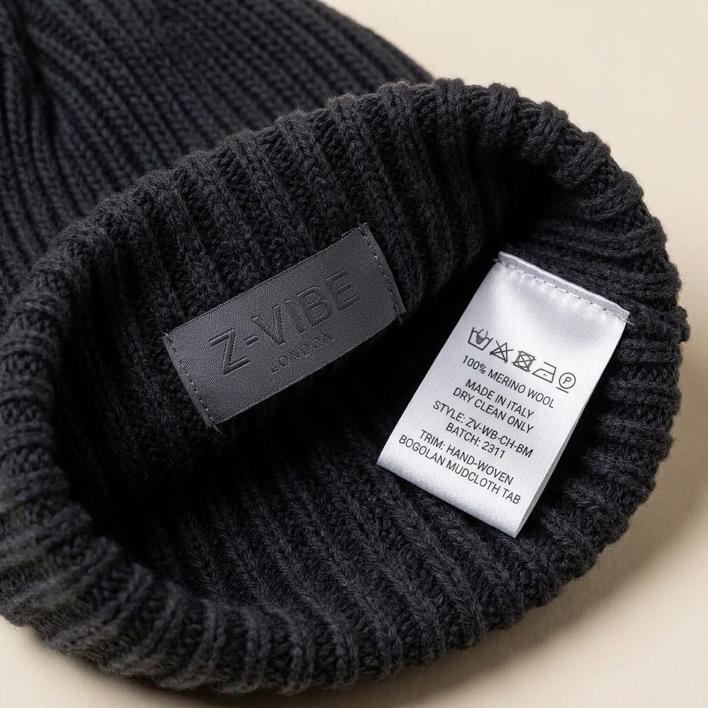Winter Bonnet — Men, 06 Inner tags (view 6 of 7). Hardware and label: closure mechanism, atelier reference and care instructions.