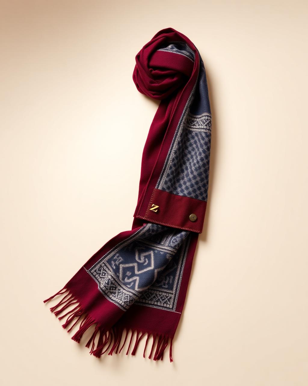 Heritage Wool Scarf — Women — House · Z-Vibe Leather Collection™ seven-view specification plate; showing 01 Front, 02 Left, 03 Right, 04 Back, 05 Interior, 06 Inner tags, 07 Fabric detail. — 01 Front, Burgundy Wine
