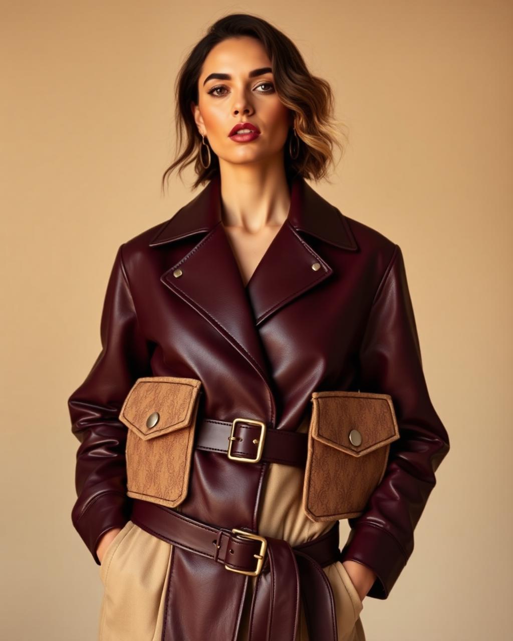 Burgundy Belted Jacket — Women — House · Z-Vibe Leather Collection™ seven-view specification plate; showing 01 Front, 02 Left, 03 Right, 04 Back, 05 Interior, 06 Inner tags, 07 Fabric detail. — 01 Front, Burgundy Wine