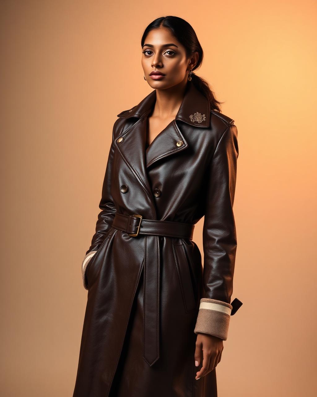 Chocolate Heritage Trench — Women — House · Z-Vibe Leather Collection™ seven-view specification plate; showing 01 Front, 02 Left, 03 Right, 04 Back, 05 Interior, 06 Inner tags, 07 Fabric detail. — 01 Front, Chocolate