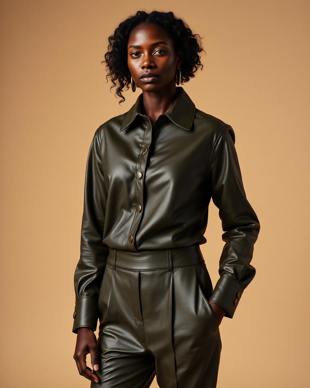 Olive Leather Trouser Set — Women — House · Z-Vibe Leather Collection™ seven-view specification plate; showing 01 Front, 02 Left, 03 Right, 04 Back, 05 Interior, 06 Inner tags, 07 Fabric detail. — 01 Front, Olive