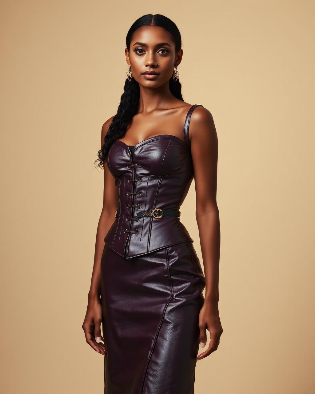 Plum Corset & Skirt Set — Women — House · Z-Vibe Leather Collection™ seven-view specification plate; showing 01 Front, 02 Left, 03 Right, 04 Back, 05 Interior, 06 Inner tags, 07 Fabric detail. — 01 Front, Plum