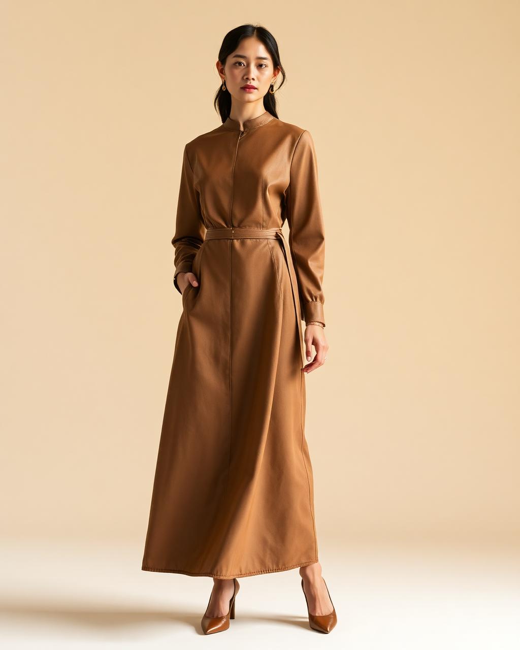 Taupe Leather Midi Dress — Women — House · Z-Vibe Leather Collection™ seven-view specification plate; showing 01 Front, 02 Left, 03 Right, 04 Back, 05 Interior, 06 Inner tags, 07 Fabric detail. — 01 Front, Taupe