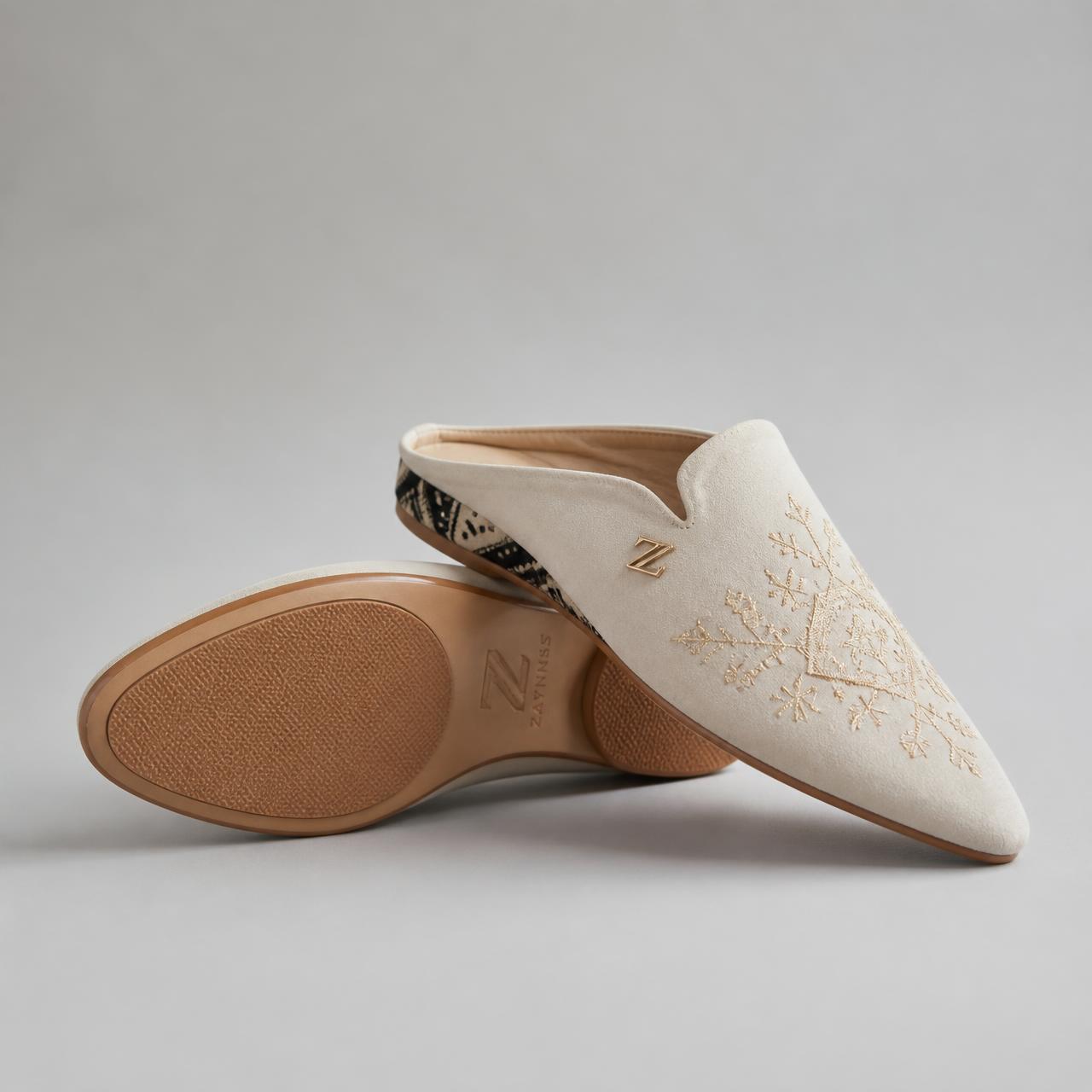Yaoundé Embroidered Babouche — Women — House · Z-Vibe Luxury Slippers™ seven-view specification plate; showing 01 Front, 02 Left, 03 Right, 04 Back, 05 Interior, 06 Inner tags, 07 Fabric detail. — 01 Front, Ivory / Gold Thread
