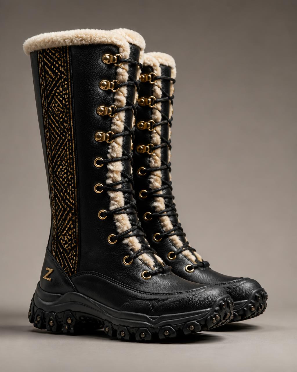 Z-Arctic Spike-Nail Winter Boot — Women — Women · Z-Snow Winter Footwear seven-view specification plate; showing 01 Front, 02 Left, 03 Right, 04 Back, 05 Interior, 06 Inner tags, 07 Fabric detail. — 01 Front, Black / Ivory / Gold