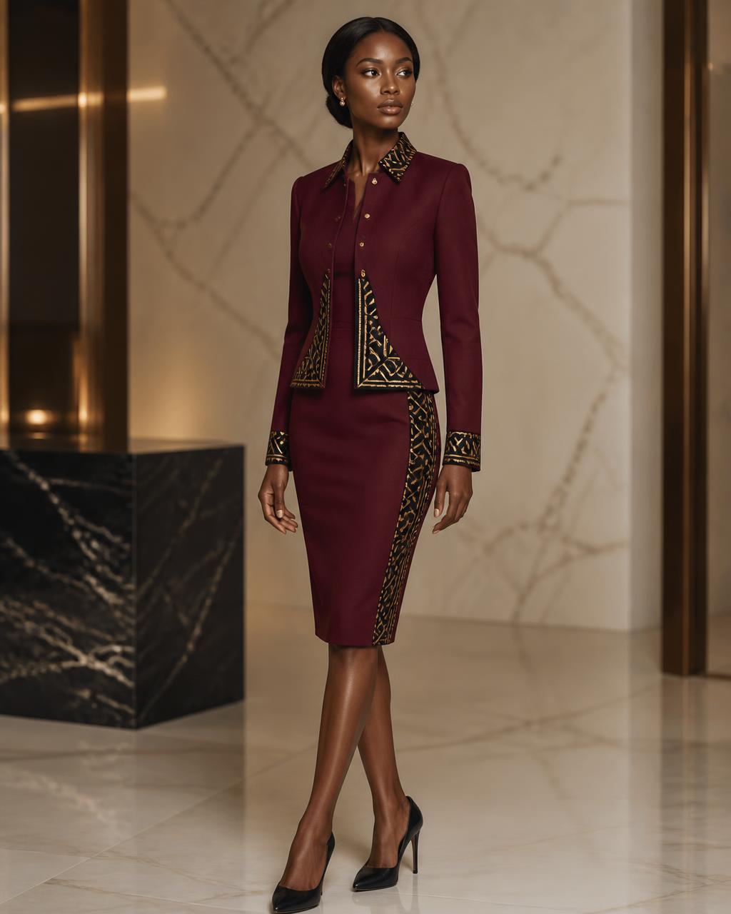 Z-Impact™ Pencil Dress Suit — Women — Women · Z-Vibe Rise & Lead Edition II seven-view specification plate; showing 01 Front, 02 Left, 03 Right, 04 Back, 05 Interior, 06 Inner tags, 07 Fabric detail. — 01 Front, Burgundy