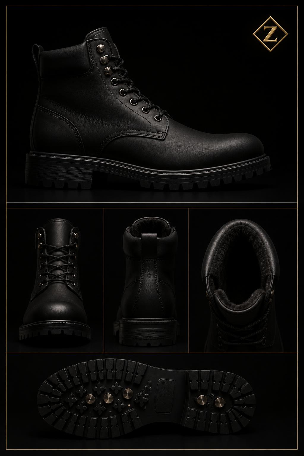 Z-NAILS™ Flat-Stud Snow Boot — Water-resistant matte black full-grain leather upper