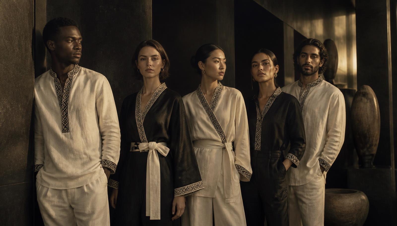 Five people of different backgrounds standing together in one Z-VIBE editorial scene, in linen and black tailoring with heritage trim