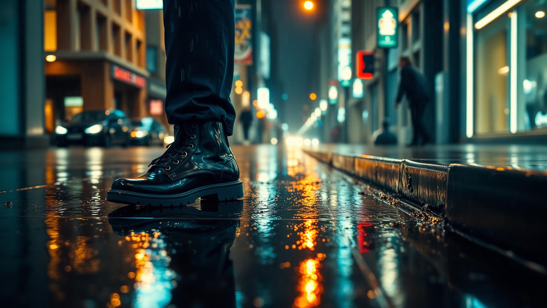 Waterproof footwear on rain-soaked city pavement at night, neon reflections in the puddles