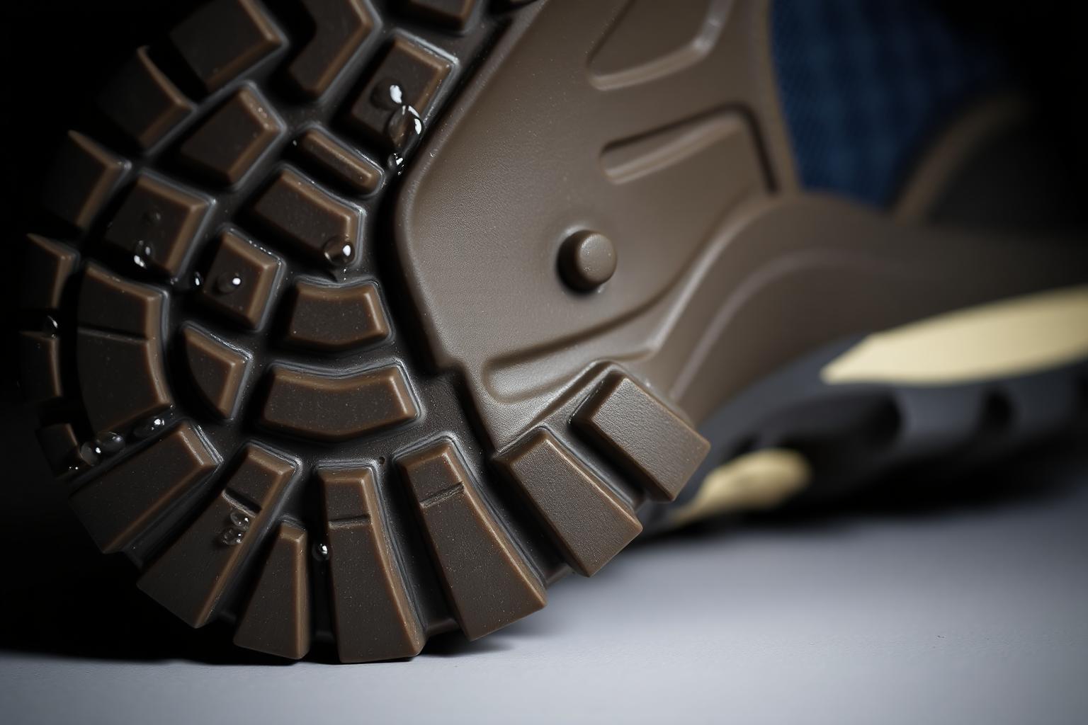 Macro view of a Z-Rain outsole: sculpted drainage channels and wet-grip siping beside a sealed seam edge and a coated mudcloth band