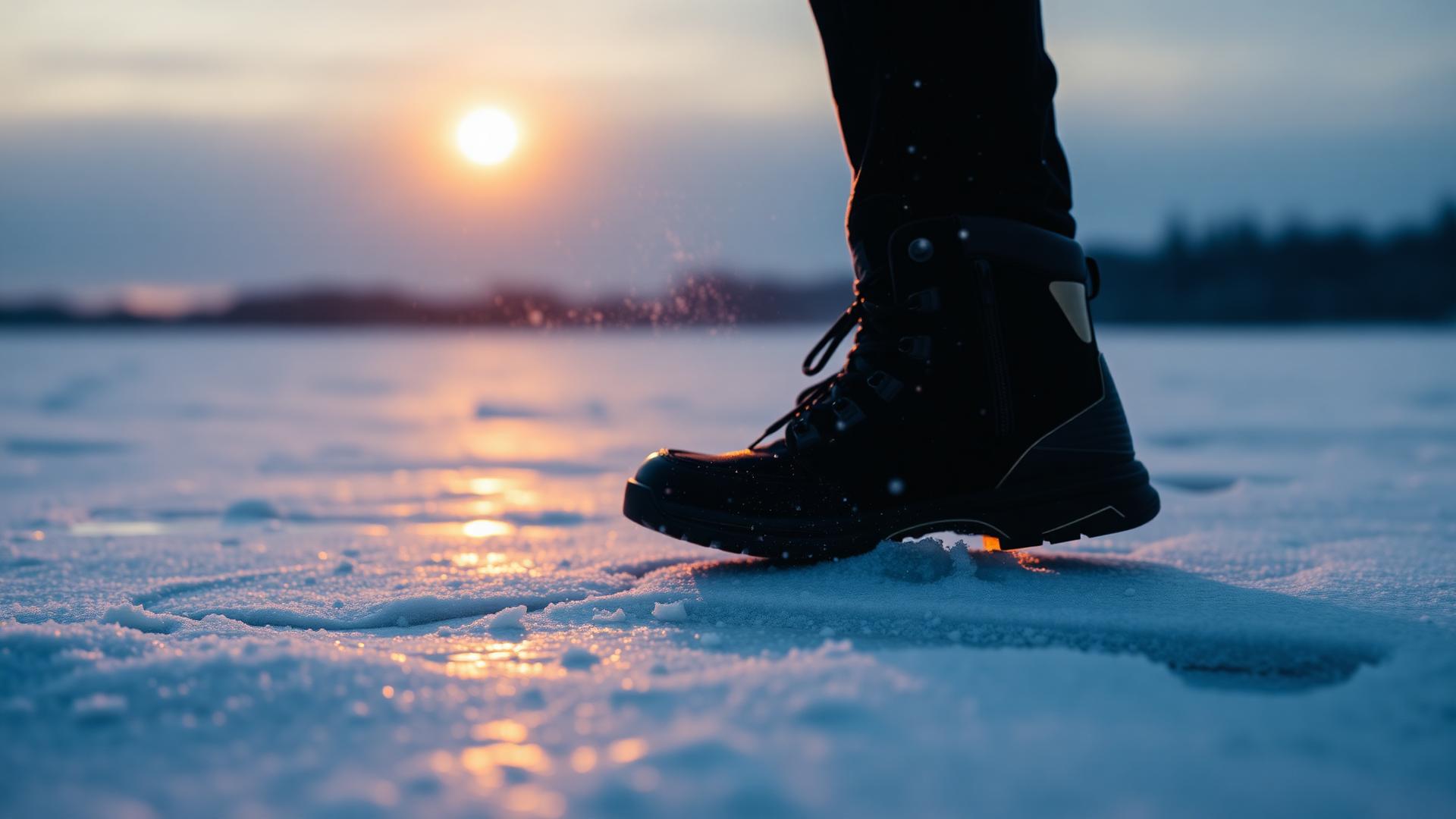 A Z-Snow winter boot stepping onto blue ice at dusk, snow dust in the air